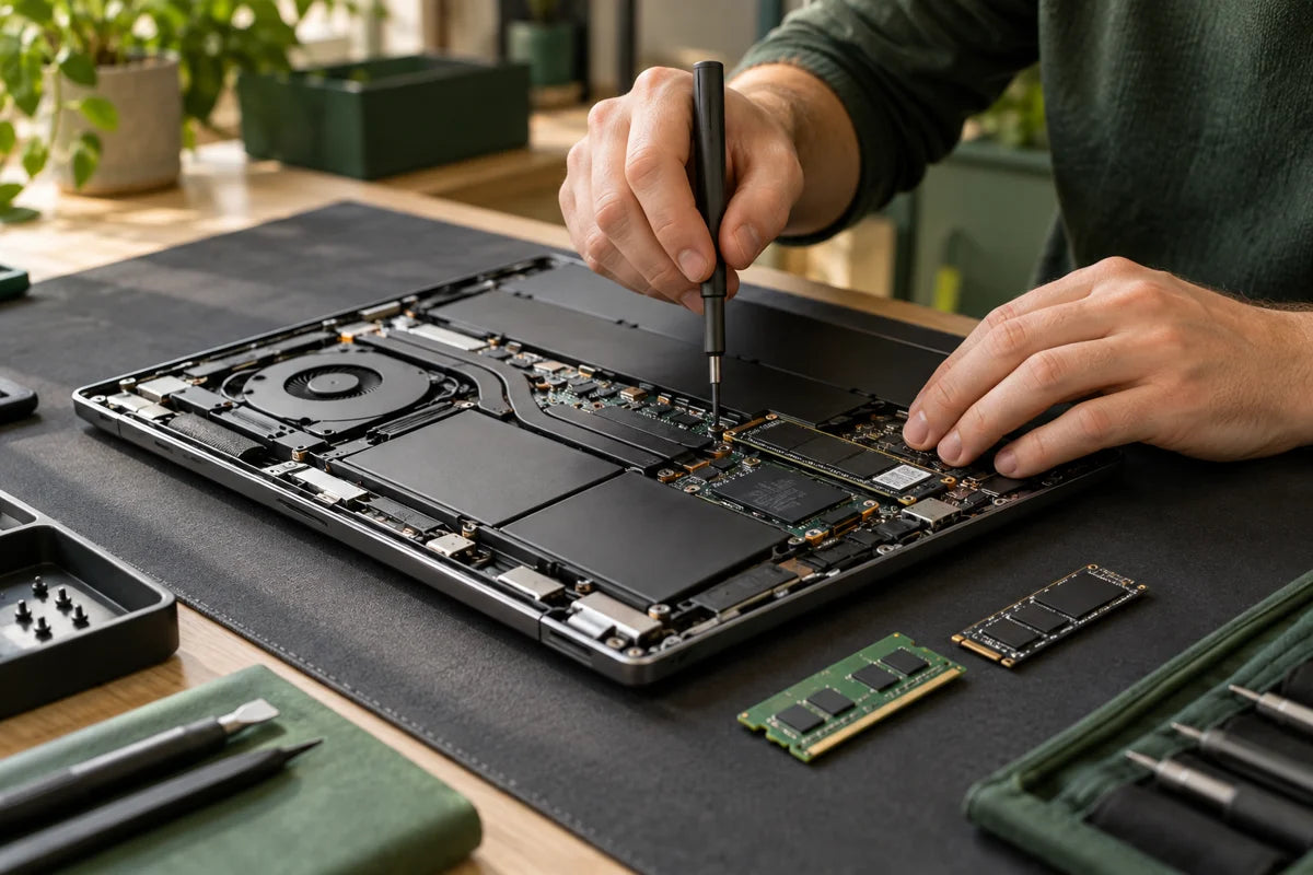Illustrative laptop repair with memory and SSD upgrade components