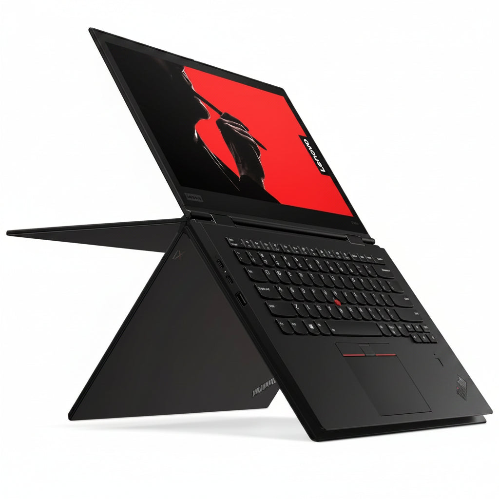 Open laptop with red and black design on screen against a white background
