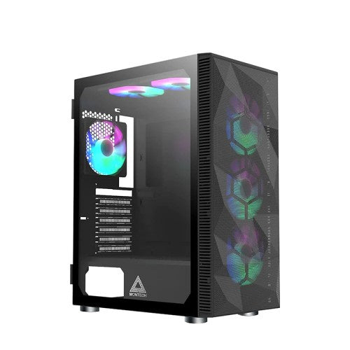 Montech X3 Mesh 3 x 140mm& 3 x 120mm Fixed RGB Lighting Fans ATX Mid-Tower PC Gaming Case, USB3.0, Door Open Tempered Glass Side Panel, High Airflow_Black