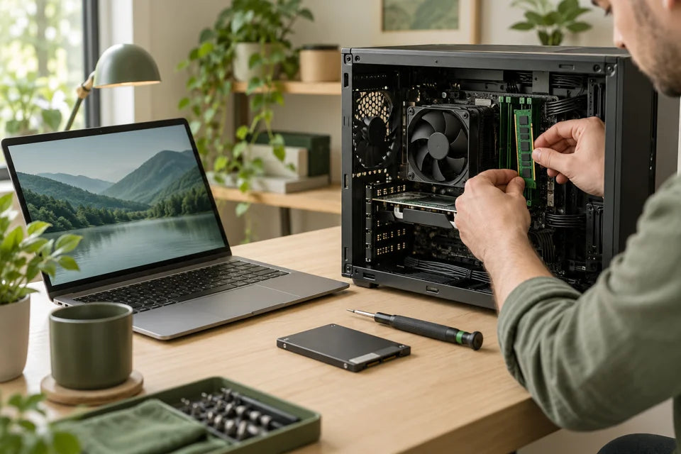Technician upgrading a desktop computer beside a working laptop